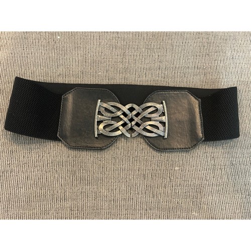 Cintura Elasticizzata Nera Larga Vintage Anni 80 Argento Fibbia Celtica Vita Cinch M/L