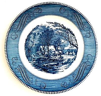 Royal Courier Ives Dinner Plate The Old Grist Mill USA Blue White Vintage