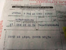 Vintage Historical Washington State Document 1964 Chevrolet Corvair Monza Conv.