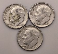 1959 D, 1960 D, 1961 D ROOSEVELT DIMES 10C (#18) Denver, circulated, ungraded