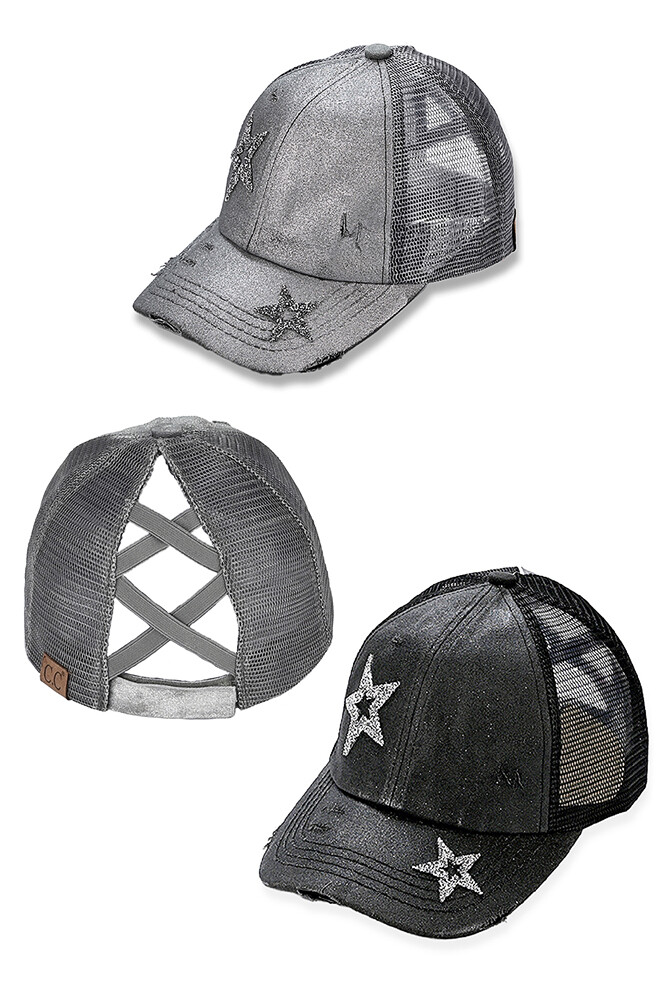 Cappellino da baseball C.C Donna Spray Mano Glitter Star Criss Rete Croce Camionsta Pony