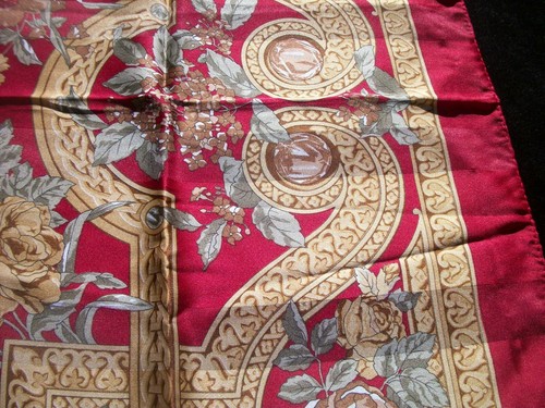 Vintage Print Scarf Flowers & Scrolls Dark Red Tan Brown Green SC56 - Picture 8 of 12