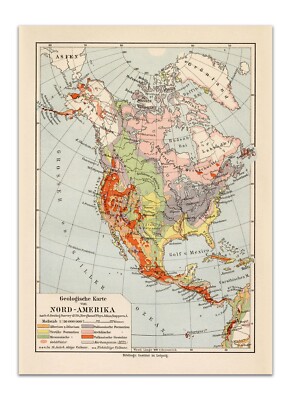 German Map NORTH AMERICA Poster 1877 Vintage Antique Art 16x22'' Reprint