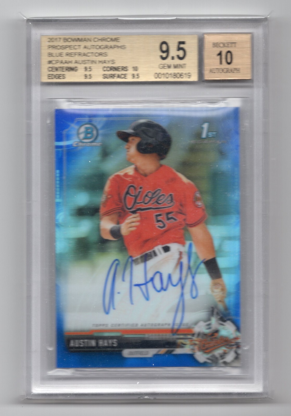 2017 Bowman Chrome Austin Hays 1st Prospect Blue Ref AUTO #090/150 BGS 9.5 / 10