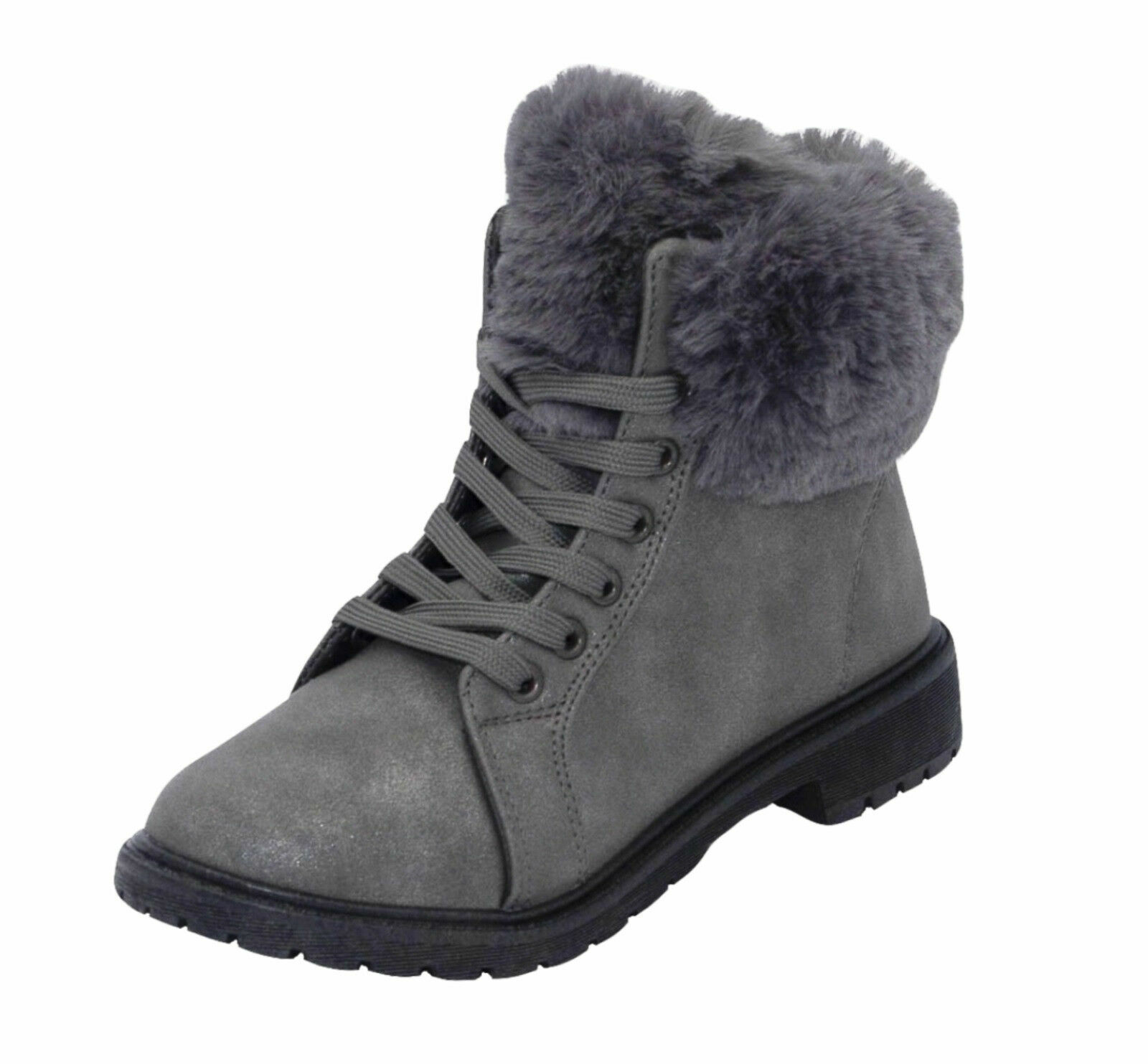 Womens Grey Fluffy Trim Lace Up Boots 