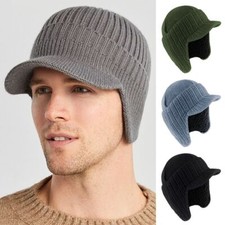 Fleece Lined Ear Flaps Cap Ear Protection Peaked Knit Cap Beanie Hat  Men