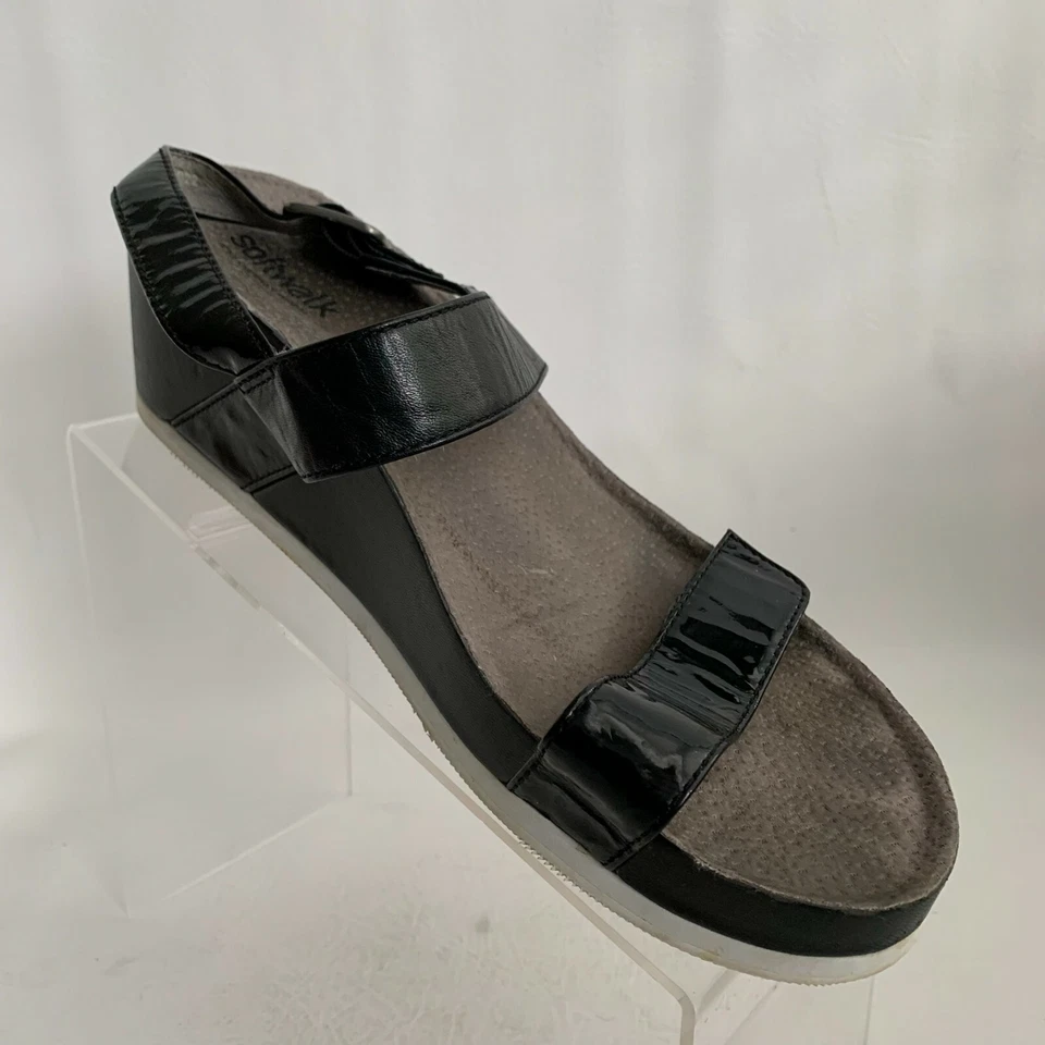Sandalias SoftWalk Hart Correa de charol negro Hebilla de cuña Gancho Lazo Talla 10M Foto 2 de 4