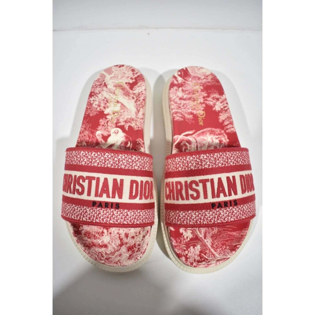 Christian Dior Dway Red Logo Toile De Jouy Platform Slide Mule