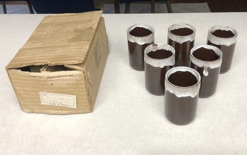 6 Brown Drip Glaze Vintage Set 4oz Juice Water Glass 3.25” Tall New Pottery
