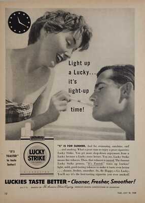 1955 Print Ad Lucky Strike Cigarettes Happy Couple Smoking Luckies
