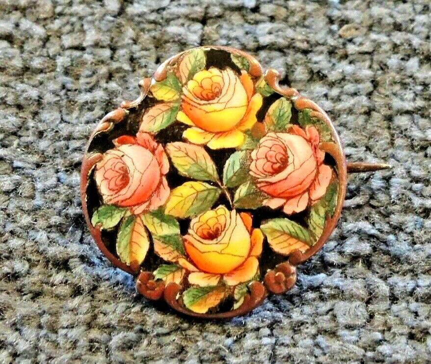 ANTIQUE HAND PAINTED ENAMEL ROSES ON COPPER BROOCH ST… Gem