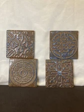 Four (4) Coasters Classic Modern Art Ceramic Tile 4 1/4" x 4 1/4" Blue on Brown