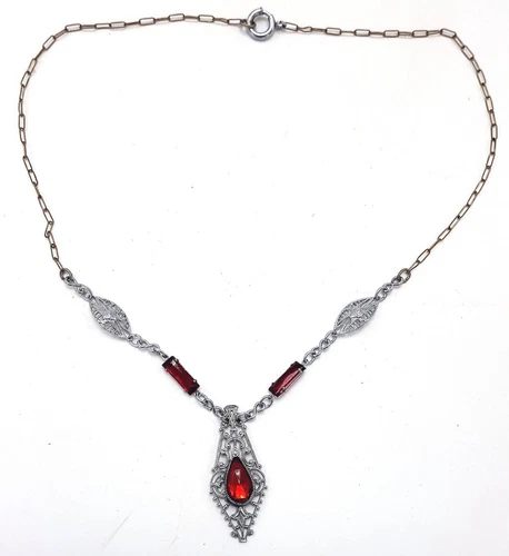 Vintage Silvertone Faux Garnet Ruby Pendant Necklace 16" Chain Costume Jewelry