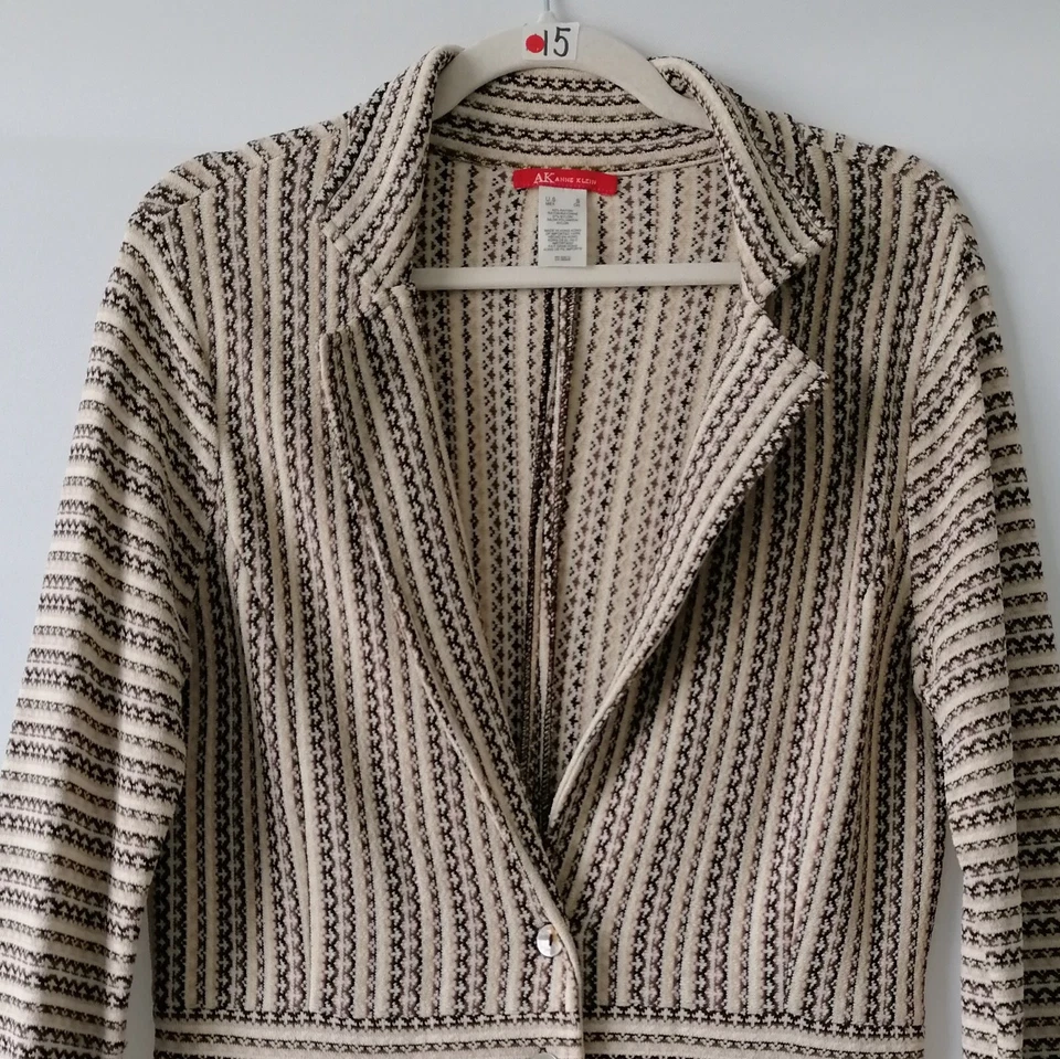 Blazer tejido vintage AK Anne Klein para mujer marrón-crema rayas dos botones S Foto 2 de 4