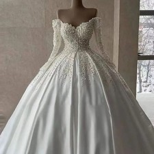 White Sequined Satin Pleat Ball Gown Pearls Backless Floor-Length Wedding Dress