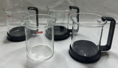Vintage Bodum Espresso Coffee Cups  Black Handle Base Clear Glass Switzerland 4