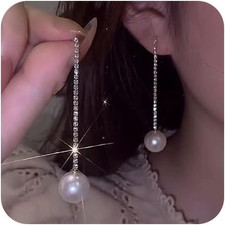 Long Tassel Pearl Dangle Earrings Dainty Rhinestone Tassel Earrings Pearl Drop E