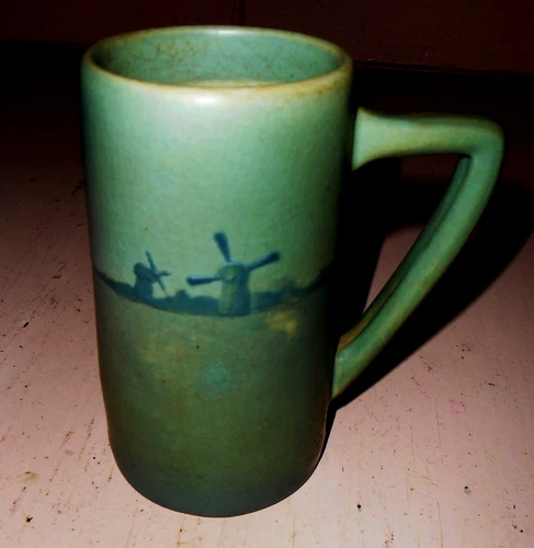WELLER ART POTTERY BLUE GREEN DRESDEN WARE WINDMILLS SAILBOAT  MATTE WARE