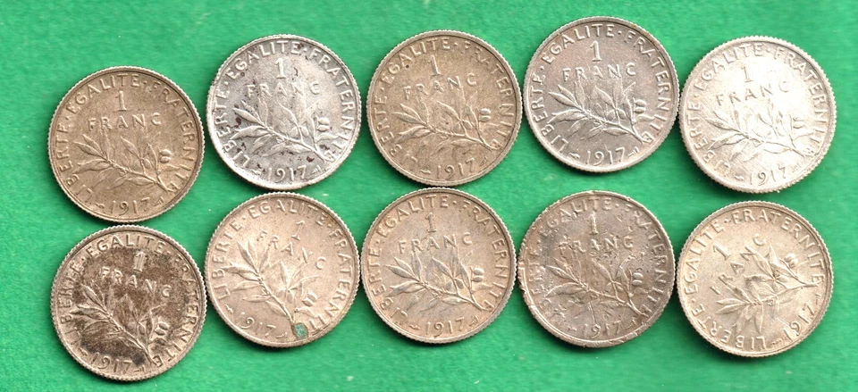 LOT DE 10 PIECES 1 FRANC SEMEUSE ARGENT 1917 - Photo 1/1