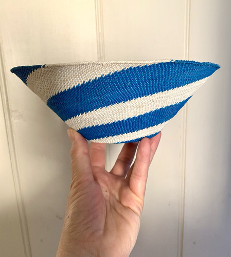 Handmade African Zulu Woven Telephone Wire Blue & White Spiral Basket Bowl