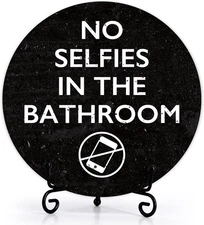 Rustic Wooden round Decor with Stand - Funny Bathroom Decor, No Selfies in the B