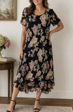 Carole Little Black Floral Midi Dress Ruffle Hem Short Sleeve Size 16 Vintage