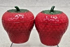 TWO - Vintage Hazel Atlas Milk Glass Strawberry Jam Jelly Trinket Jar With Lid