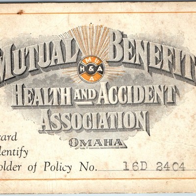 Vtg Omaha Mutual Benefit Health & Accident Assn. Insurance Policy ID Card Iowa