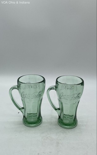 Coca-Cola Mugs Set 2 Georgia Green Glass Fluted Libbey Vintage 6 Inch