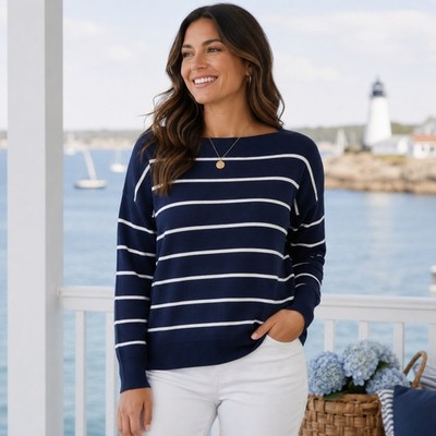 Chaps Striped Boat Neck Sweater Navy White Knit Coastal Nautical Women's M NWT