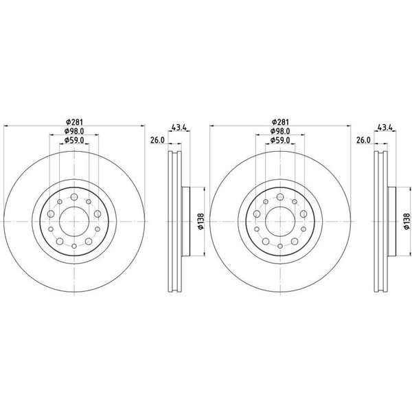 2X Hella Bremsscheiben 281Mm Vorne Passend FüR Fiat Tipo 56048PRO-image