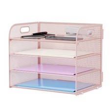 4 Tier Paper Organizer Letter Tray Mesh Desk File Organizer with Handle Pink