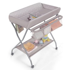 Baby Changing Table Folding Diaper Changing Station w/ Safety Belt  Wheels Grey