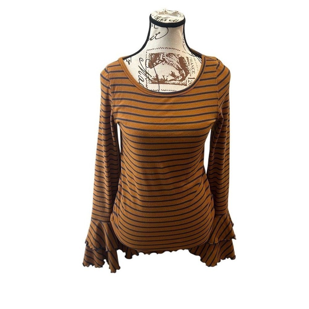 WE THE FREE Orange Navy Stripe Ribbed Bell Sleeve Lettuce Hem Top Shirt Womens M
