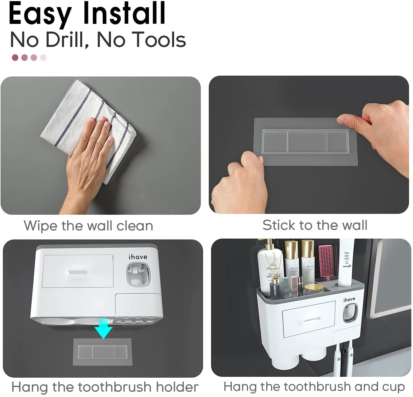 Toothbrush Holders for Bathrooms, 2 Cups Toothbrush Holder Wall Mounted with Too