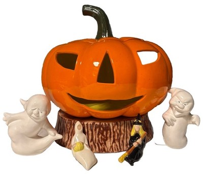 RARE LARGE VTG ARNELS CERAMIC PUMPKIN  JACK O LANTERN HALLOWEEN W/figures
