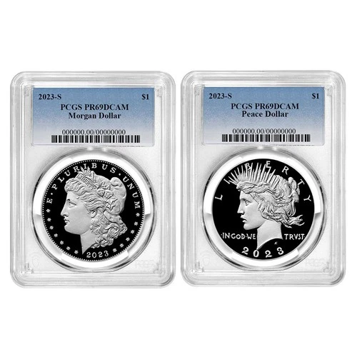 2023-S Proof $1 Morgan and Peace Silver Dollar 2pc Set PCGS PR69DCAM Blue Label