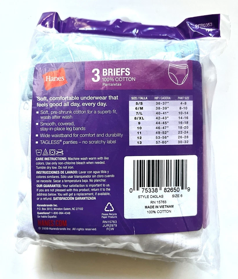 Calzoncillos Hanes para mujer 100 % algodón sin etiquetas 3 pares multicolores talla 6 Foto 2 de 2