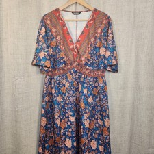 BLOOMCHIC Floral Maxi Dress Women's XL V Neck Smocked Waist Orange Blue Pockets