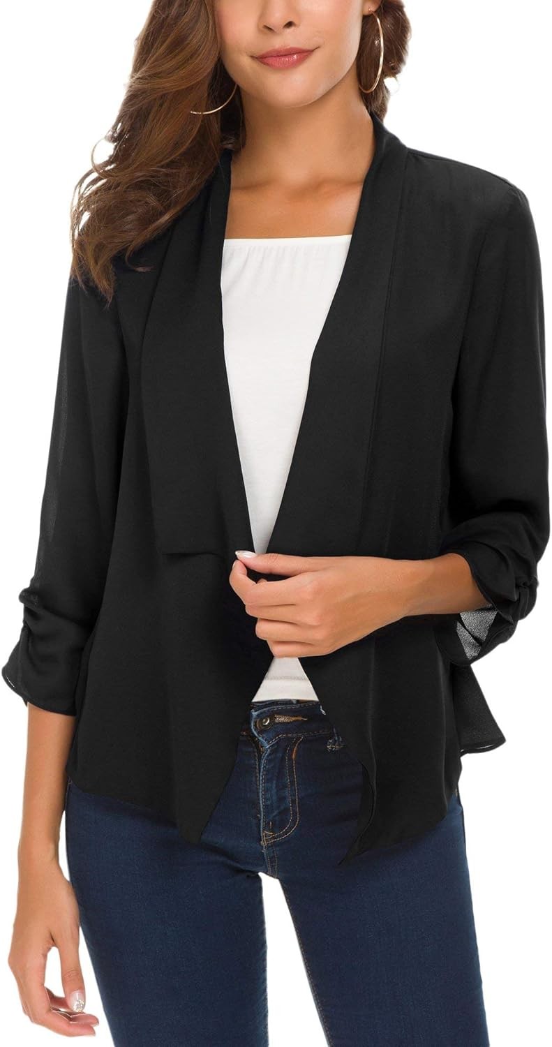 Women's Lightweight Chiffon Blazer Ruched 3/4 Sleeve Open Front Casual Work