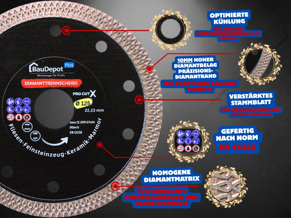 Diamanttrennscheibe 115/125 mm extra dünn Fliesen Feinsteinzeug Keramik Flex - Bild 3 von 4