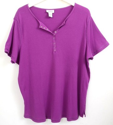 Avenue Stretch PLUS 1X (18/20) Purple Snap Front Henley Short Sleeve Top TShirt