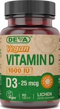 DEVA Vegan Vitamin D3 Supplement - Once-Per-Day Tablet with 1000 IU - - Lichen -