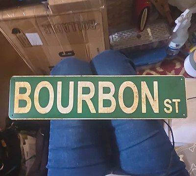 Green & White Metal ''Bourbon St'' Street Sign, Rectangular Horizontal Wall Plaque