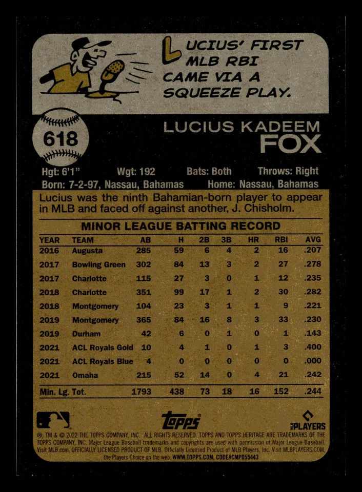 Lucius Fox RC 2022 Topps Heritage #618 Rookie Washington Nationals NM-MINT - Image 2 of 2