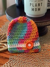 Baby hat crochet beanie infant 0 to 6 months colorful white stripe orange button