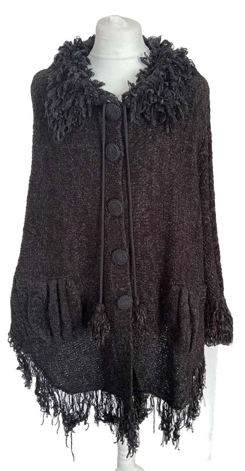 Roman Originals Black Cape Shawl Boucle Wrap Throw Fringed Poncho Boho Size XXL