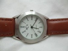 Pca Wristwatch Brown Buckle Band Silver Tone Round White Face Roman Numerals