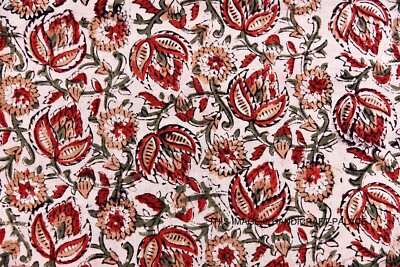 Tissu Indien Coton Imprimé Sanganeri - Fait Main, Naturel, 100% Coton, Au Mètre