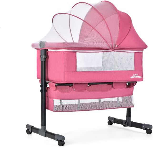 Hello-5ive 5-in-1 Baby Bedside Crib with 3 Adjustable Height, Next to Me Crib, Foldable & Portable Baby Travel Cot with Mattress, Storage Bag, Changing Table, Baby Bassinet for Newborn 11 Baby Crib Bassinet Bedside Sleeper Pink Adjustable Height Wheels Tilt Sleeping